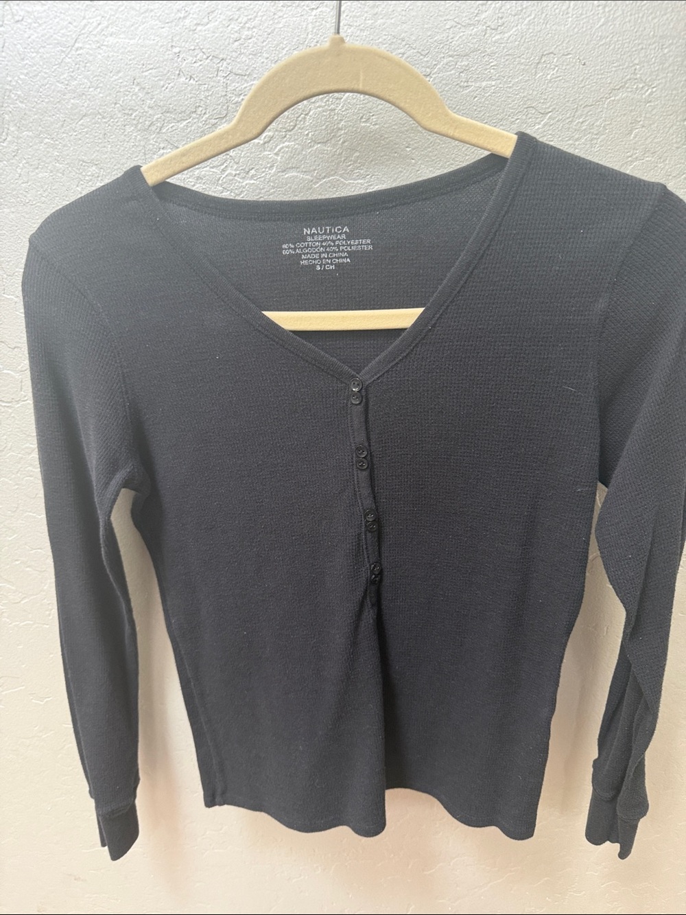 Nautica Black Ribbed V-Neck Henley Long Sleeve Top
